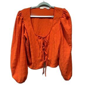 Levi's Tie Front Top Textured Orange Red Long Sleeve Coquette Blouse Women sz XL